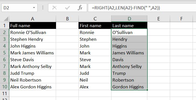 Last-Names-Without-Middle-Names-Excel